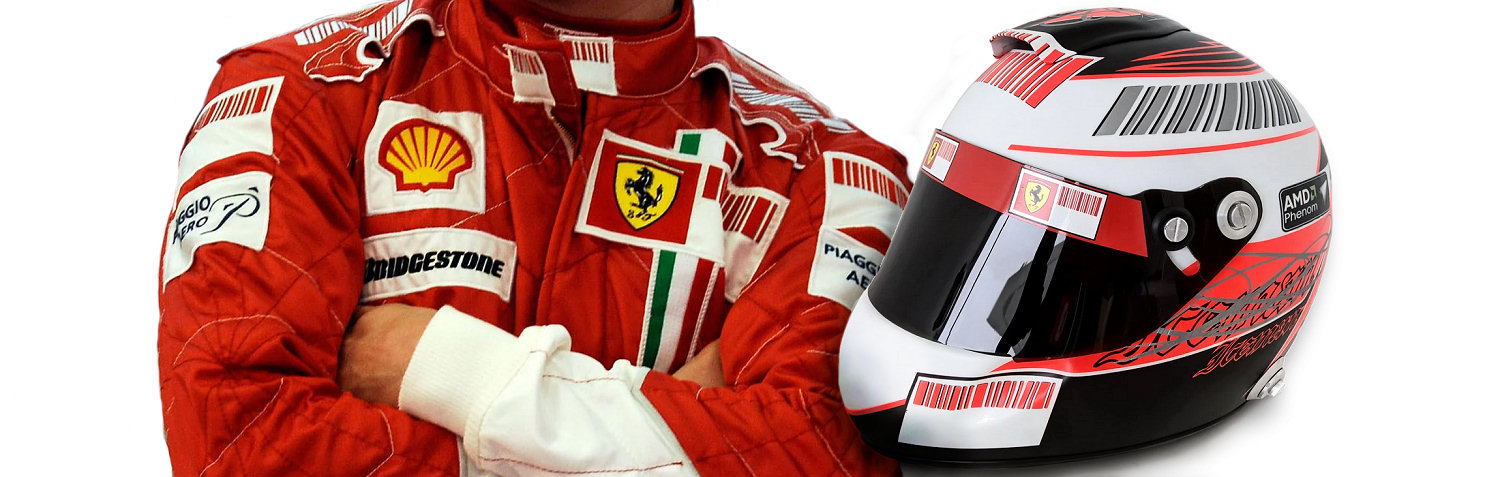 Reproduction race suit and helmet in Kimi Räikkönen colours